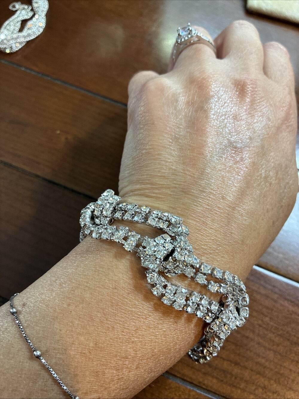 Vintage Rhinestone Wave Bracelet Crystal Cocktail Wedding Open Work Safety Chain